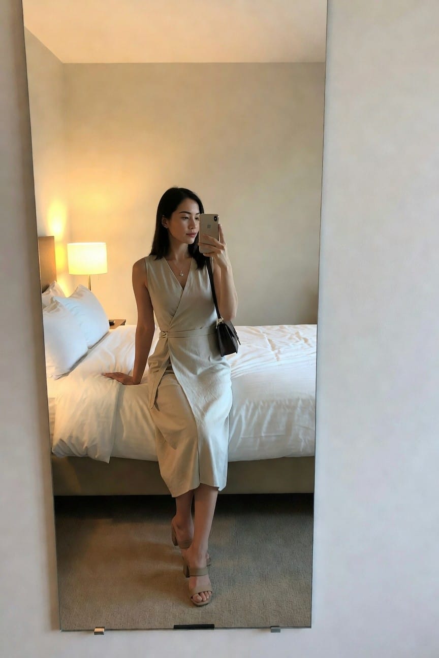 Woman in a sleeveless light beige wrap midi dress tied at the waist paired with matching block heel sandals and a small dark crossbody bag while taking a mirror selfie indoors.
