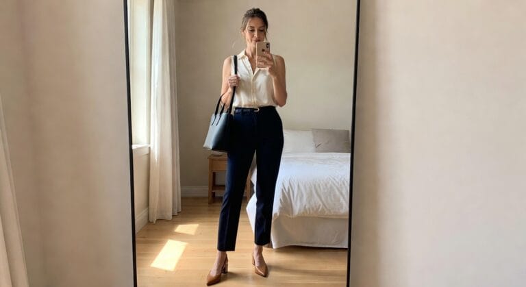 A woman stands in front of a mirror, wearing a light blouse and tailored navy pants, paired with brown heels and a black handbag, in a bright room.