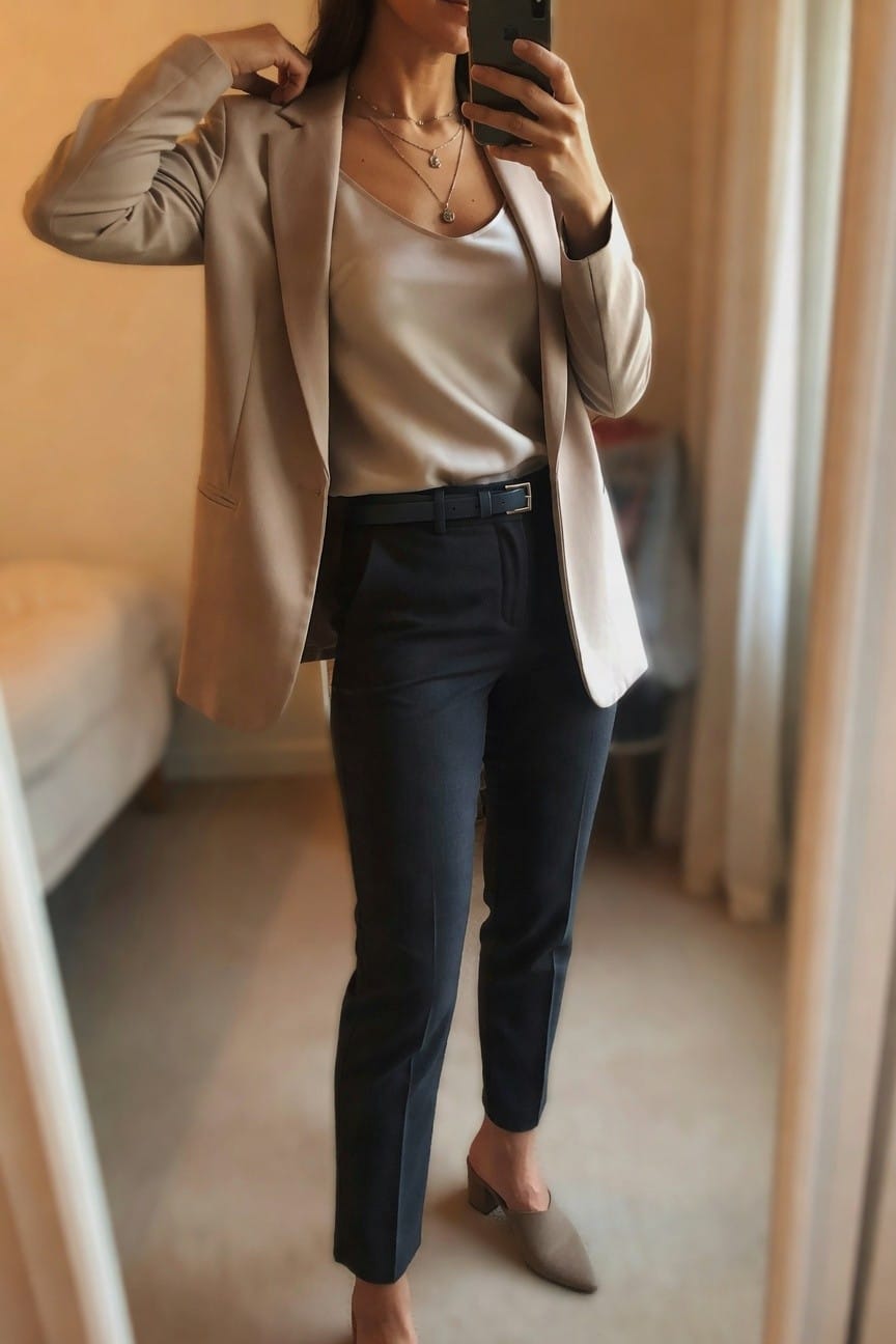 Woman in beige blazer and navy pants taking a mirror selfie.