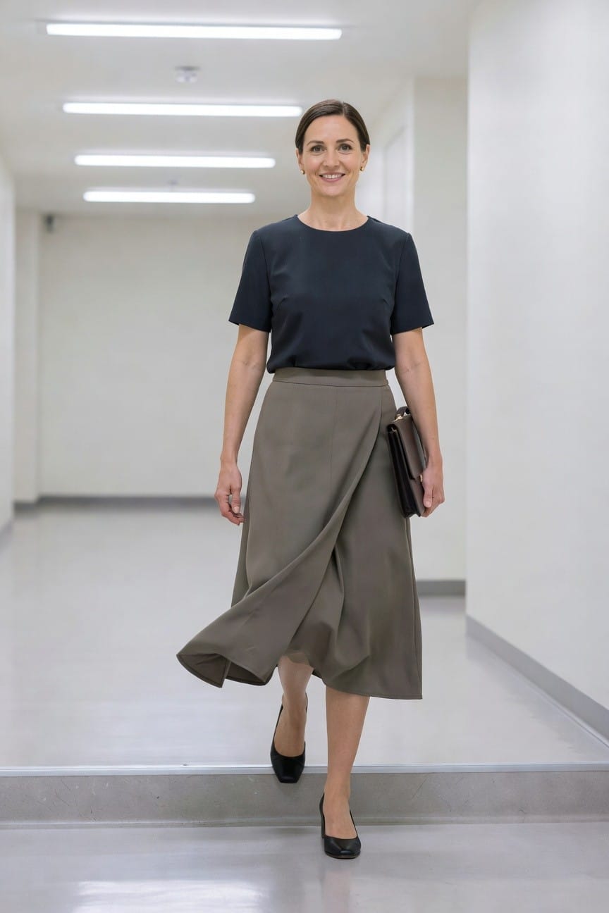 Smiling woman in navy top and flowing taupe skirt holding a clutch.