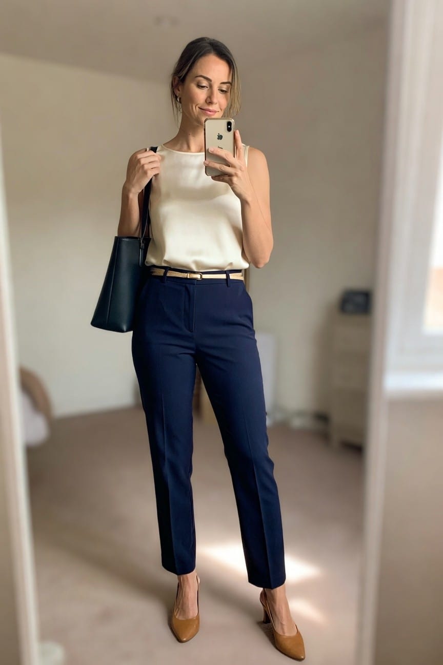 Woman in cream top and navy pants taking a mirror selfie with phone.