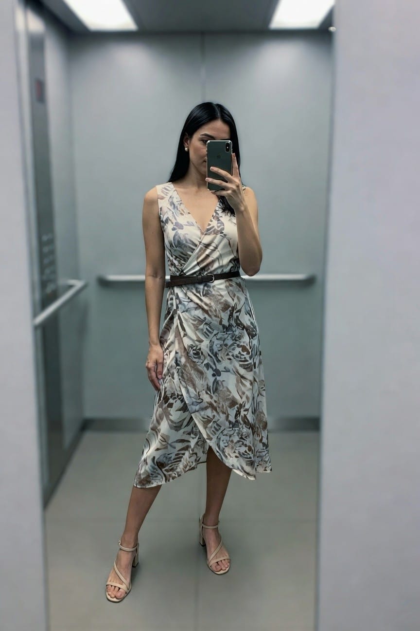 Woman in floral wrap dress taking mirror selfie in elevator.