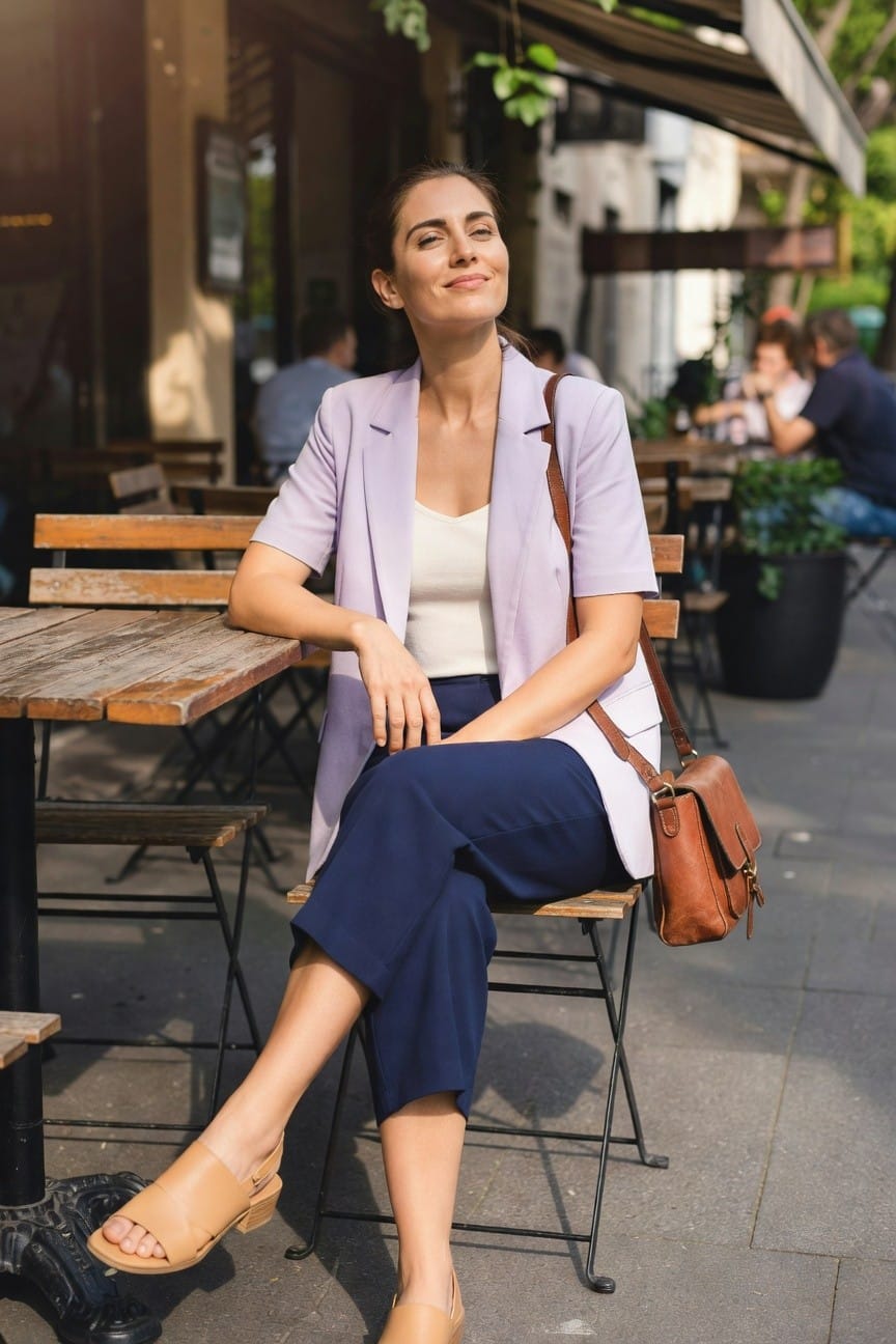 Woman in lavender blazer and navy pants sits at an outdoor cafe.