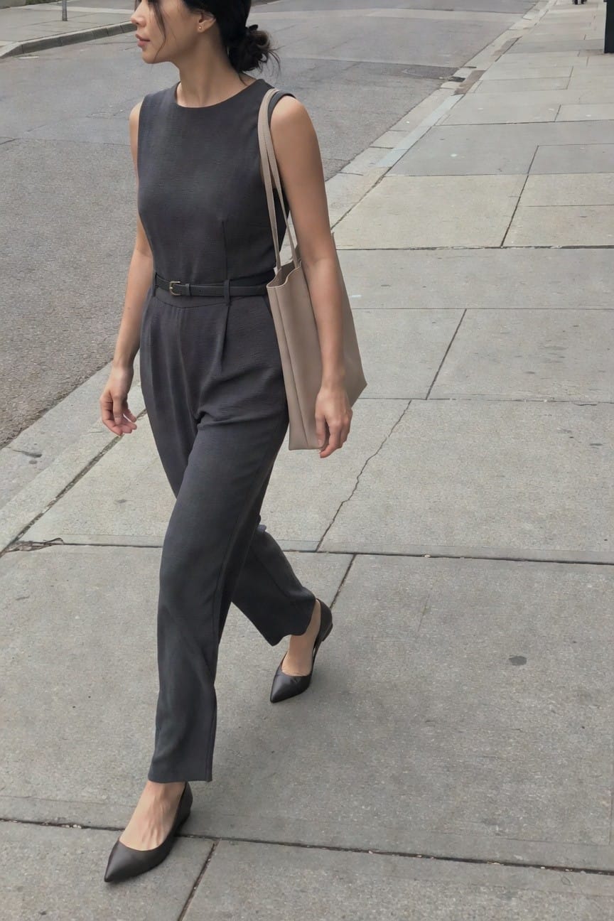Woman in charcoal jumpsuit with beige tote and black heels on sidewalk.