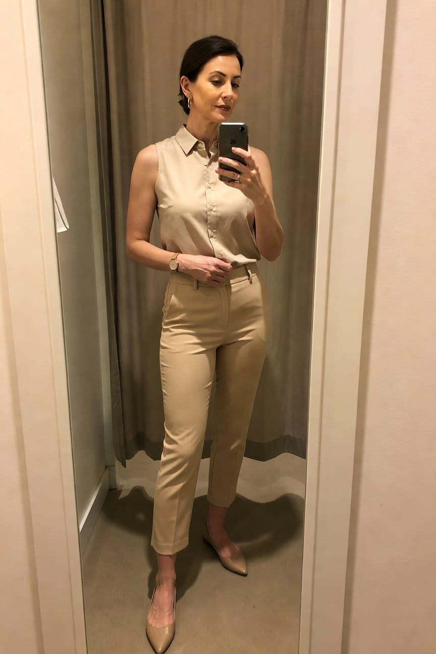 Woman wearing a sleeveless beige button-down shirt tucked into matching tailored straight-leg pants with nude pointed flats and a small watch.