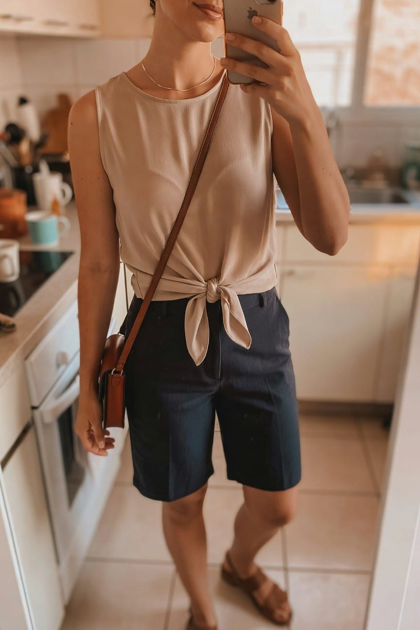 Woman in beige sleeveless top and navy shorts taking a mirror selfie.