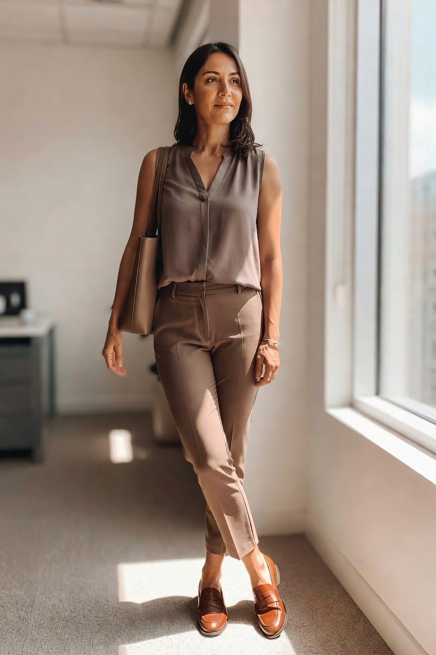 Woman in taupe sleeveless blouse and trousers with brown loafers.