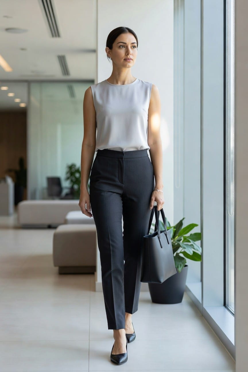 Woman in light gray sleeveless top and dark pants carrying black handbag.