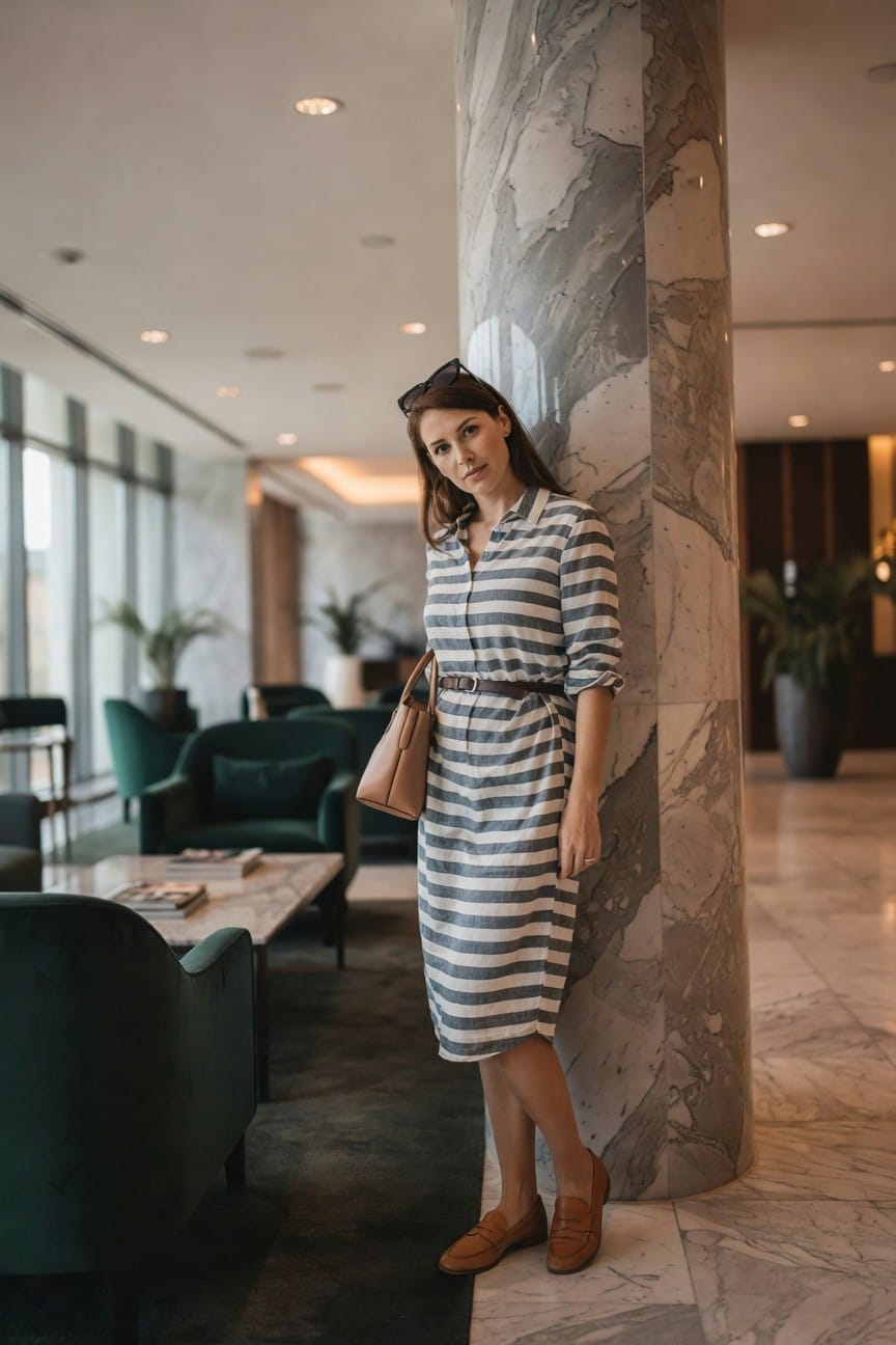 Woman in striped shirt dress leaning on marble pillar in modern lobby.