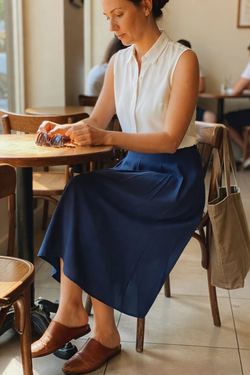 Woman in white sleeveless blouse and navy skirt holds sunglasses at cafe table.