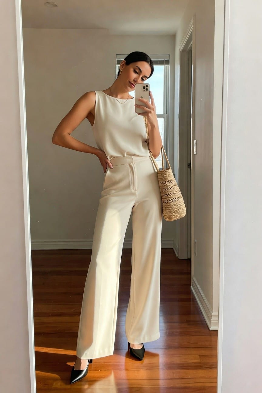Woman in cream sleeveless top and wide-leg pants taking a mirror selfie.