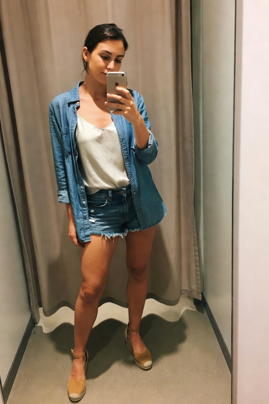 Denim Shirt Layered Over Tank And Shorts