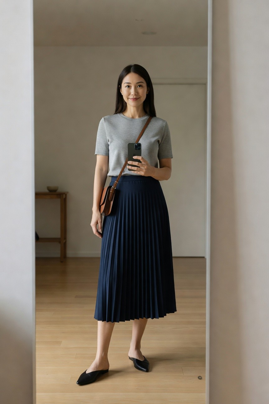 Gray Top And Navy Pleated Skirt For Mixing Pieces
