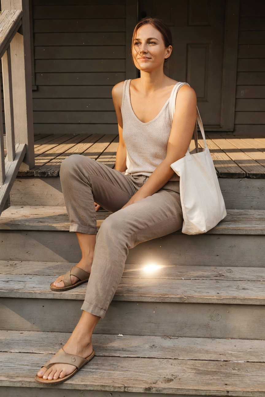 Woman wearing a beige ribbed knit tank top, taupe cropped pants, beige slide sandals, and carrying a white canvas tote bag while seated on wooden steps.