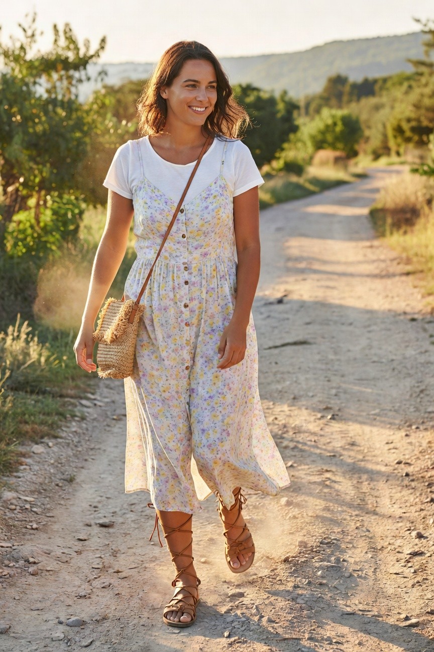 Layering A Basic Tee Under A Floral Dress