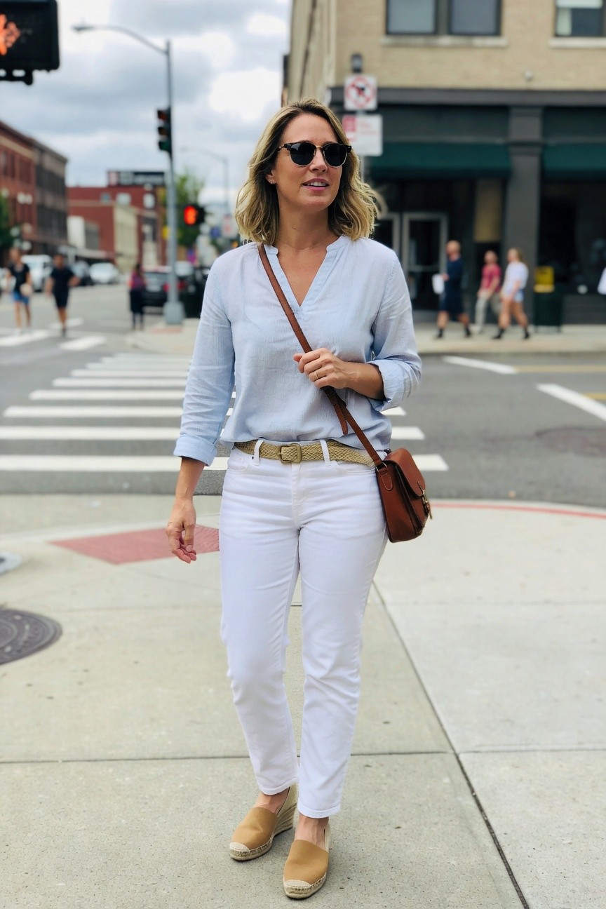 Woman in light blue V-neck blouse tucked into white pants with woven beige belt, brown crossbody bag, and beige espadrille wedges.
