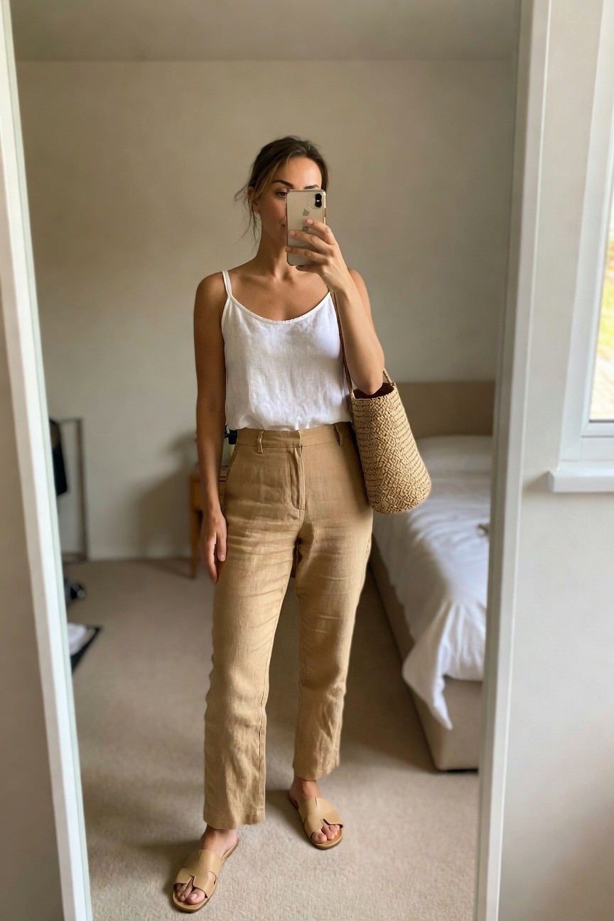 White Top With Beige Linen Pants