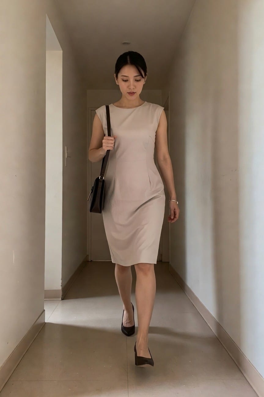 Woman in beige dress walks down hallway carrying brown handbag.