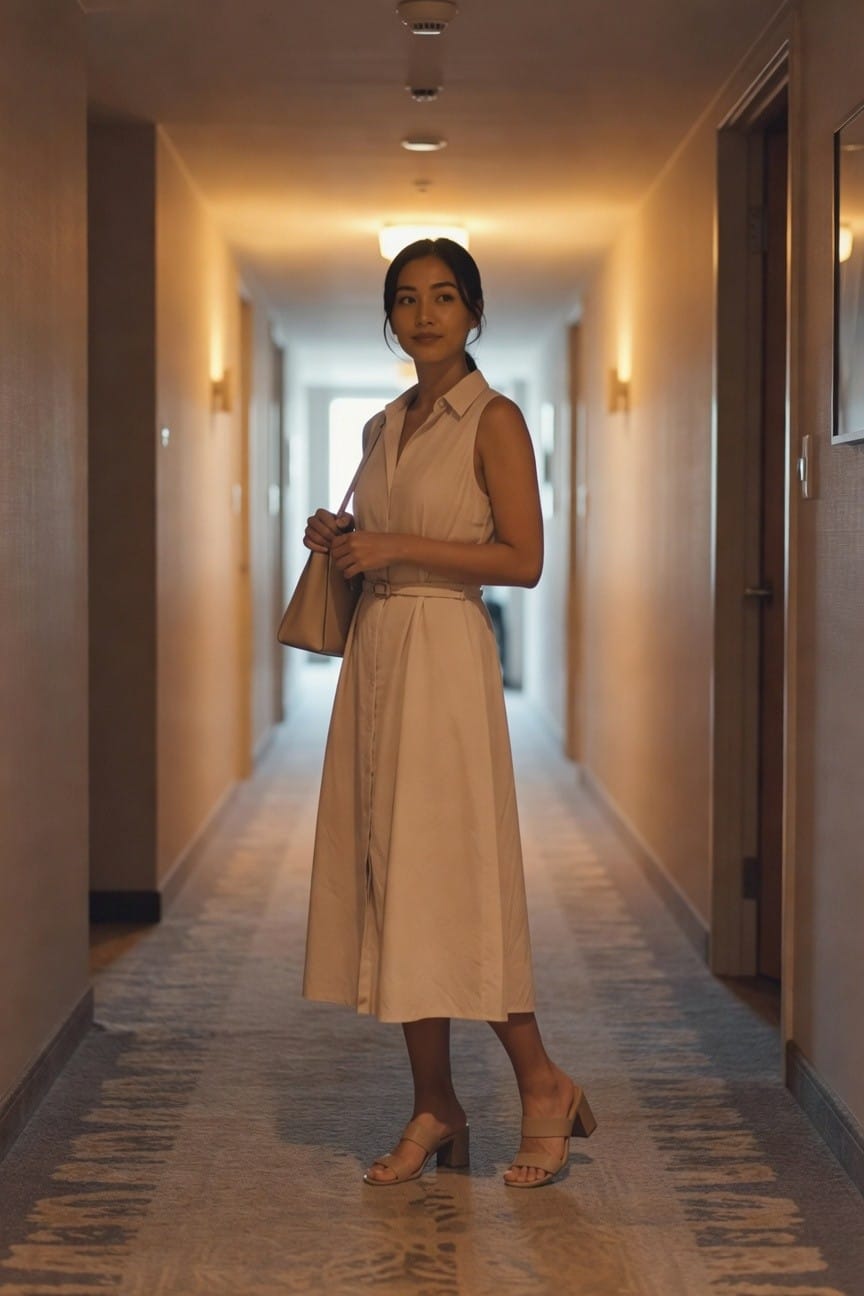 Woman in a sleeveless belted beige midi shirt dress with matching block heel sandals and handbag standing in a hallway.