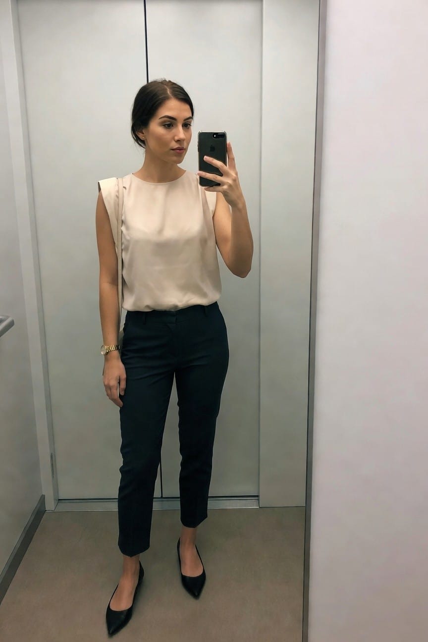 Woman in beige sleeveless blouse and black trousers taking a mirror selfie.