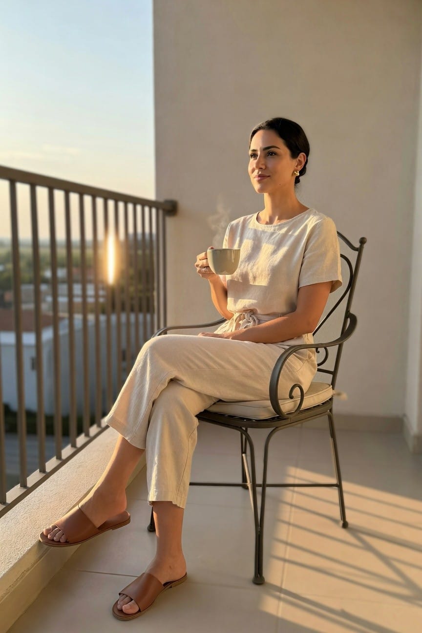 Woman in cream outfit holding steaming coffee on sunny balcony.