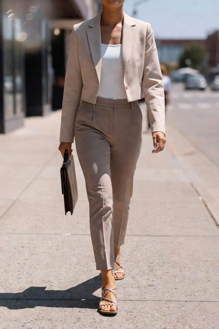 Woman in beige pantsuit holding black folder walks on sunny sidewalk.