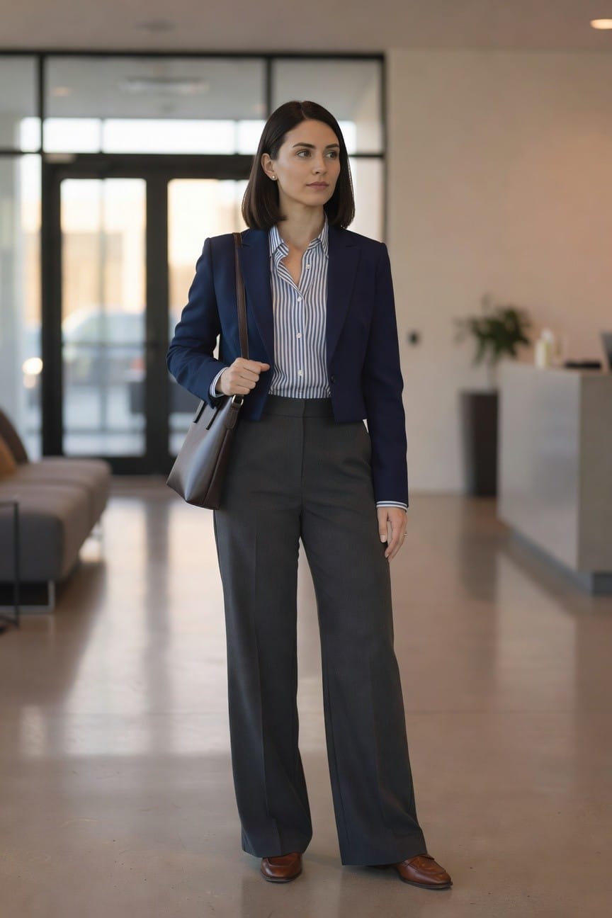 Woman in navy blazer, striped shirt, and gray trousers holding a brown bag.