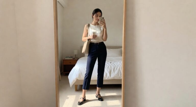 19 Tailored Petite Summer Work Outfits That Instantly Elongate Your Look A woman stands in front of a mirror, wearing a light cream top and tailored navy trousers, paired with black flats and a beige bag, in a softly lit bedroom.