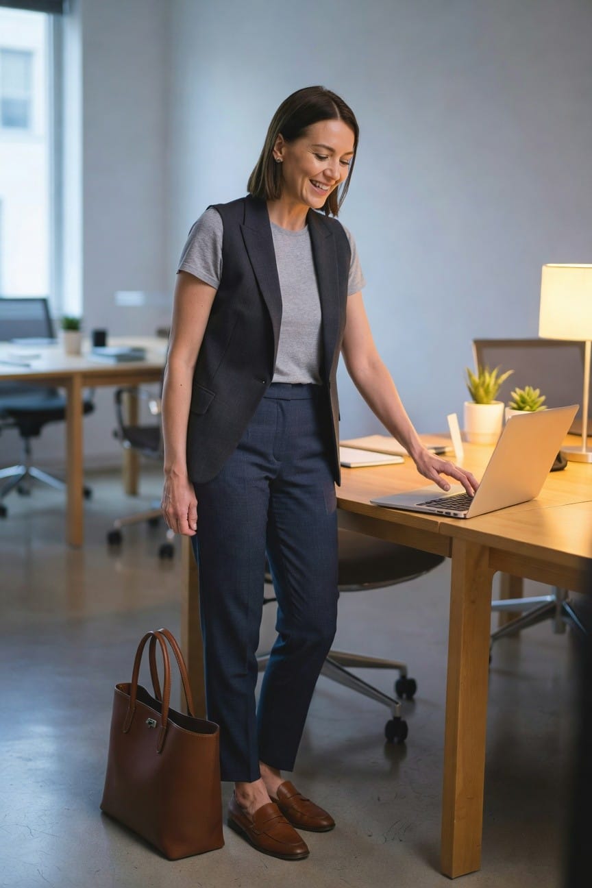 Woman in business attire touches laptop on wooden office desk.