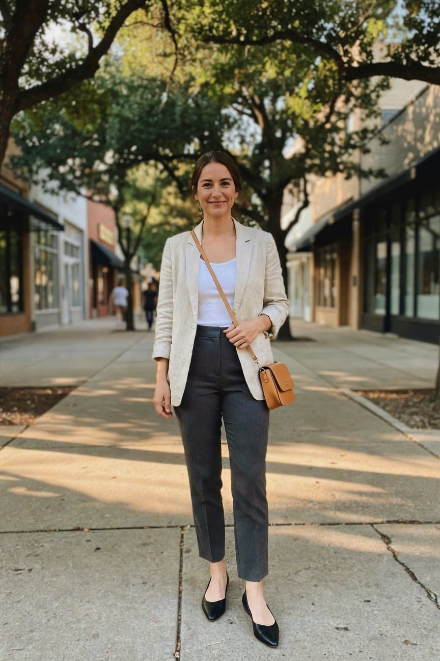 Woman in beige blazer and gray pants with brown crossbody bag.