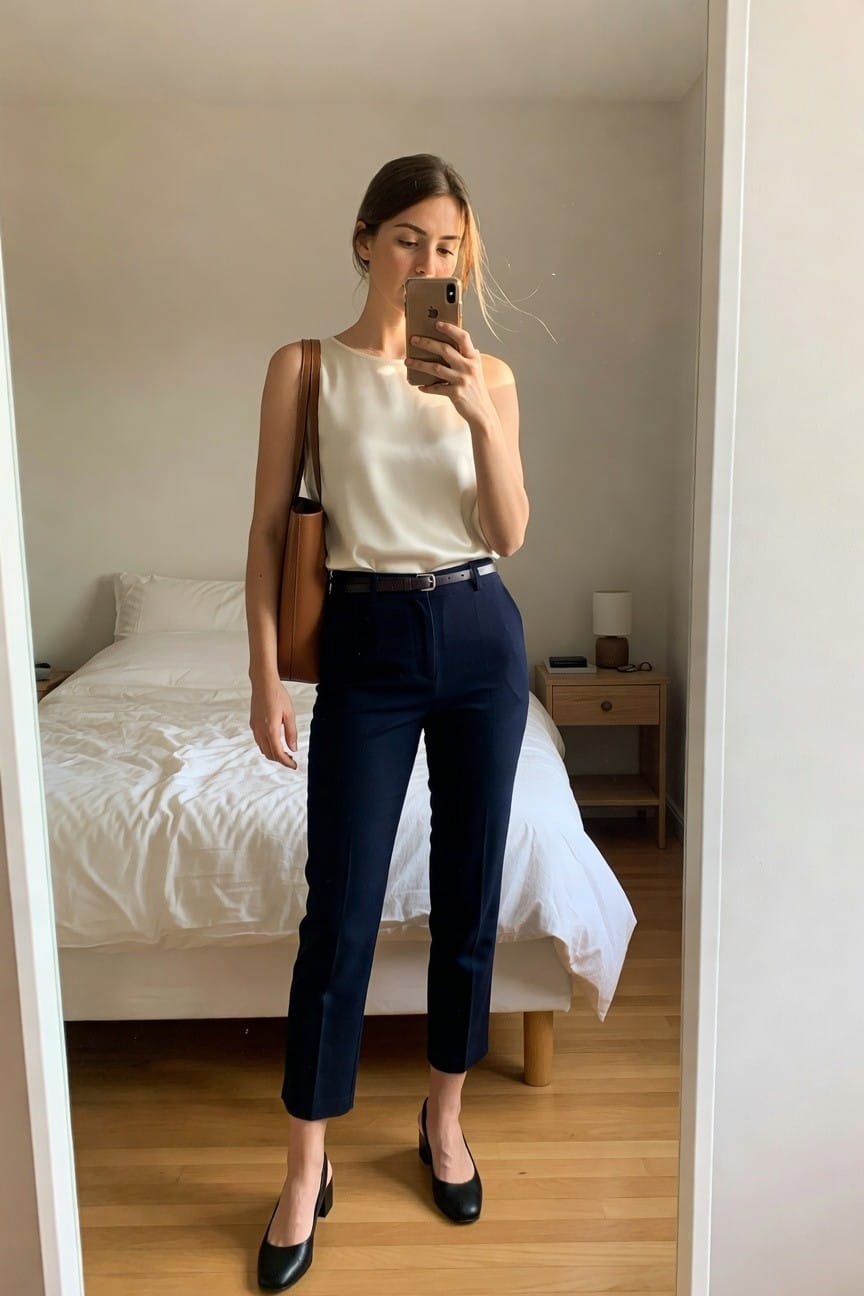 Woman in white satin top and navy trousers taking mirror selfie.