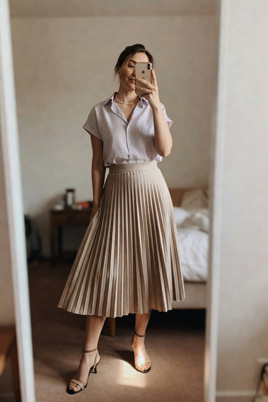 Woman in pleated beige midi skirt and striped shirt taking a mirror selfie.