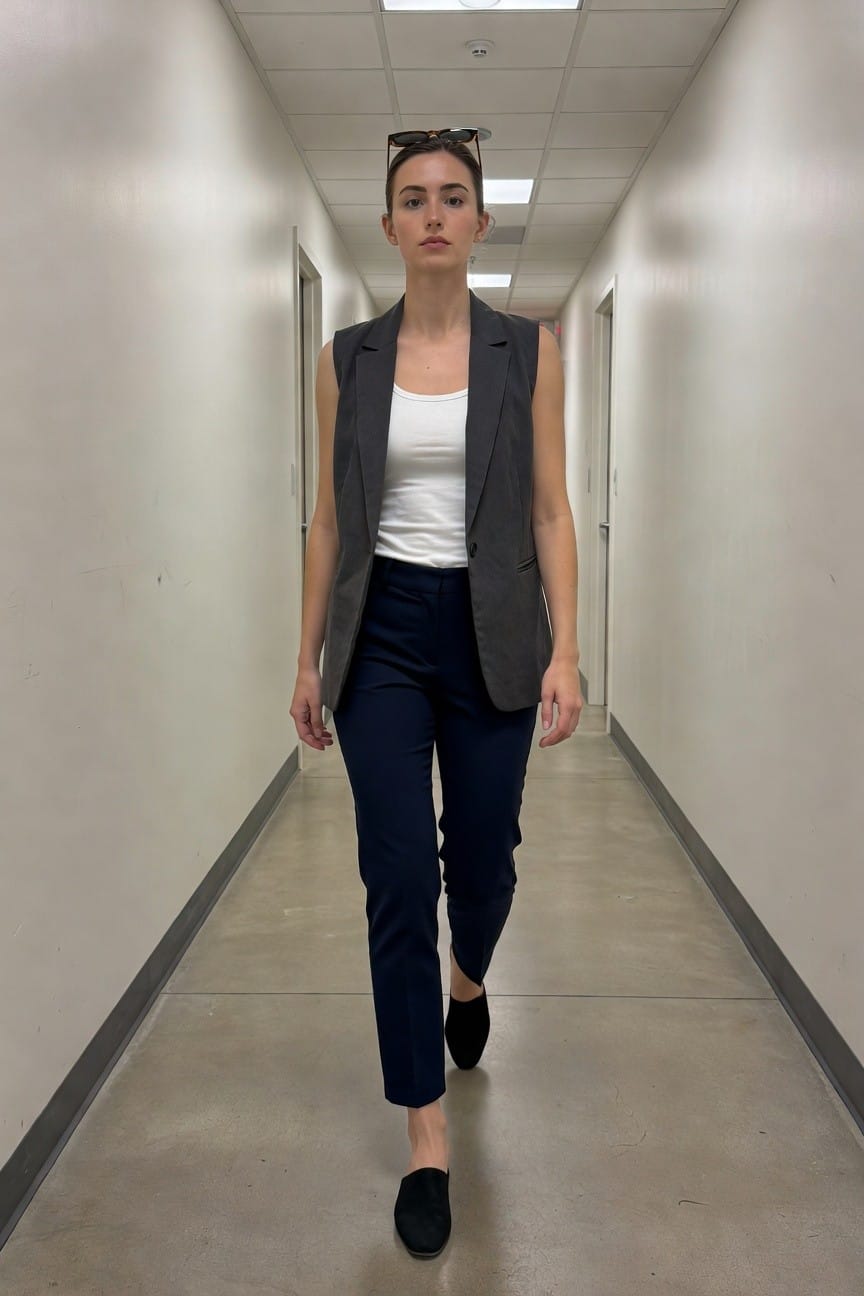 Woman in gray sleeveless blazer and navy pants walks down hallway.