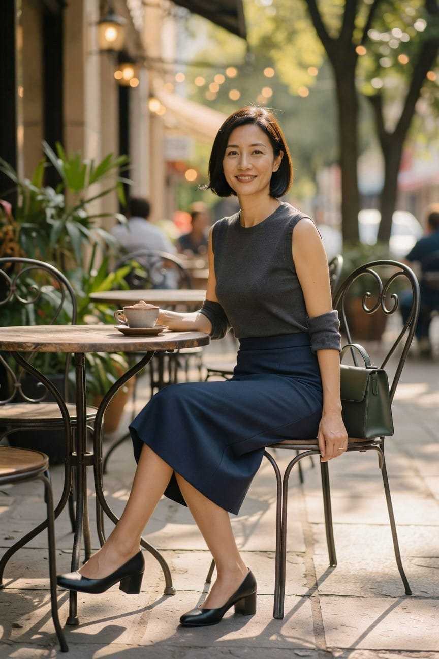 Woman in navy dress and gray top smiles at outdoor café table.