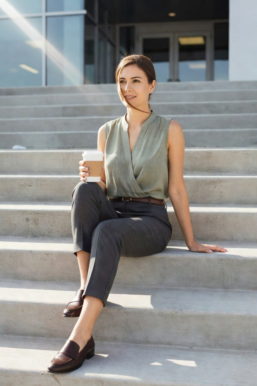 Woman in green blouse and gray pants sits on concrete steps holding coffee.