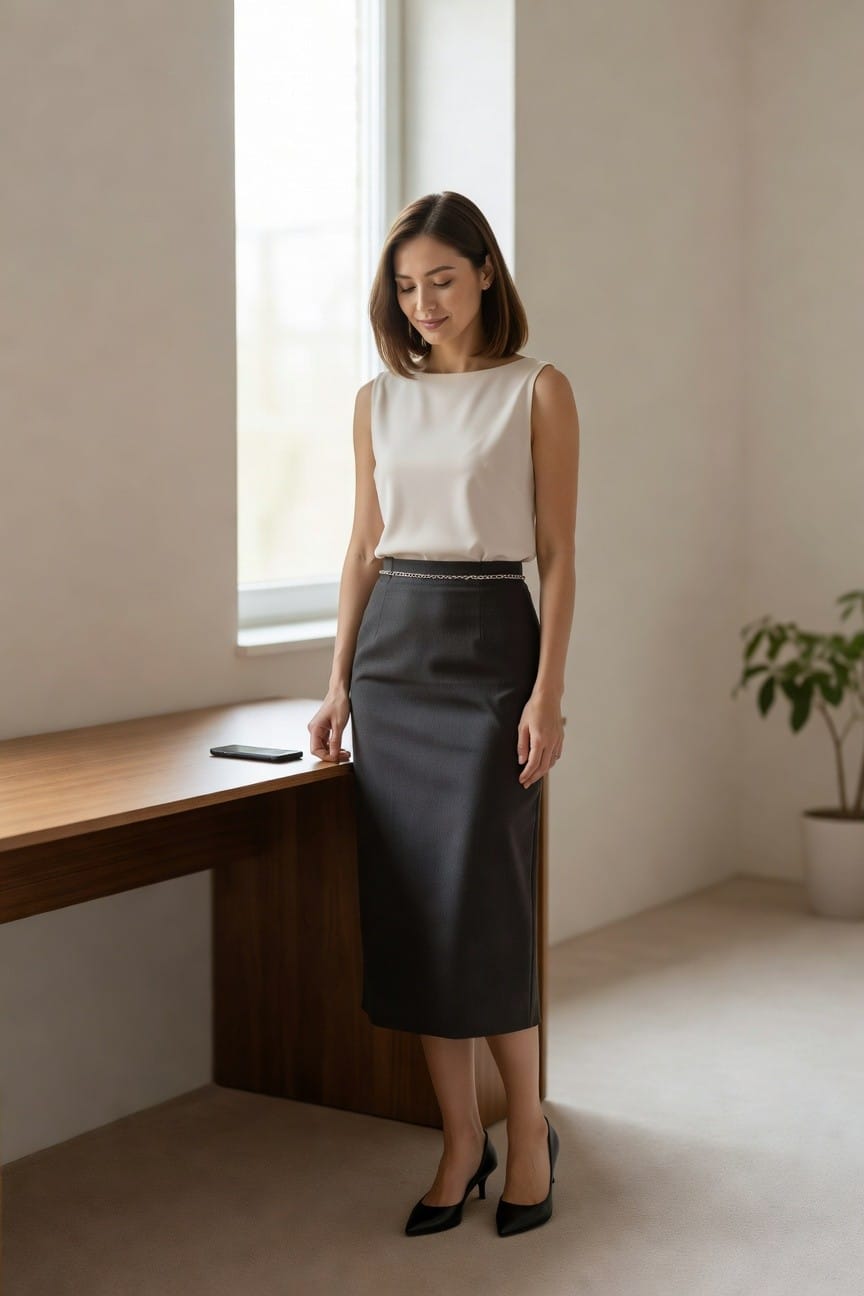 Woman in white sleeveless blouse tucked into dark gray midi pencil skirt with thin chain belt and black pointed heels.