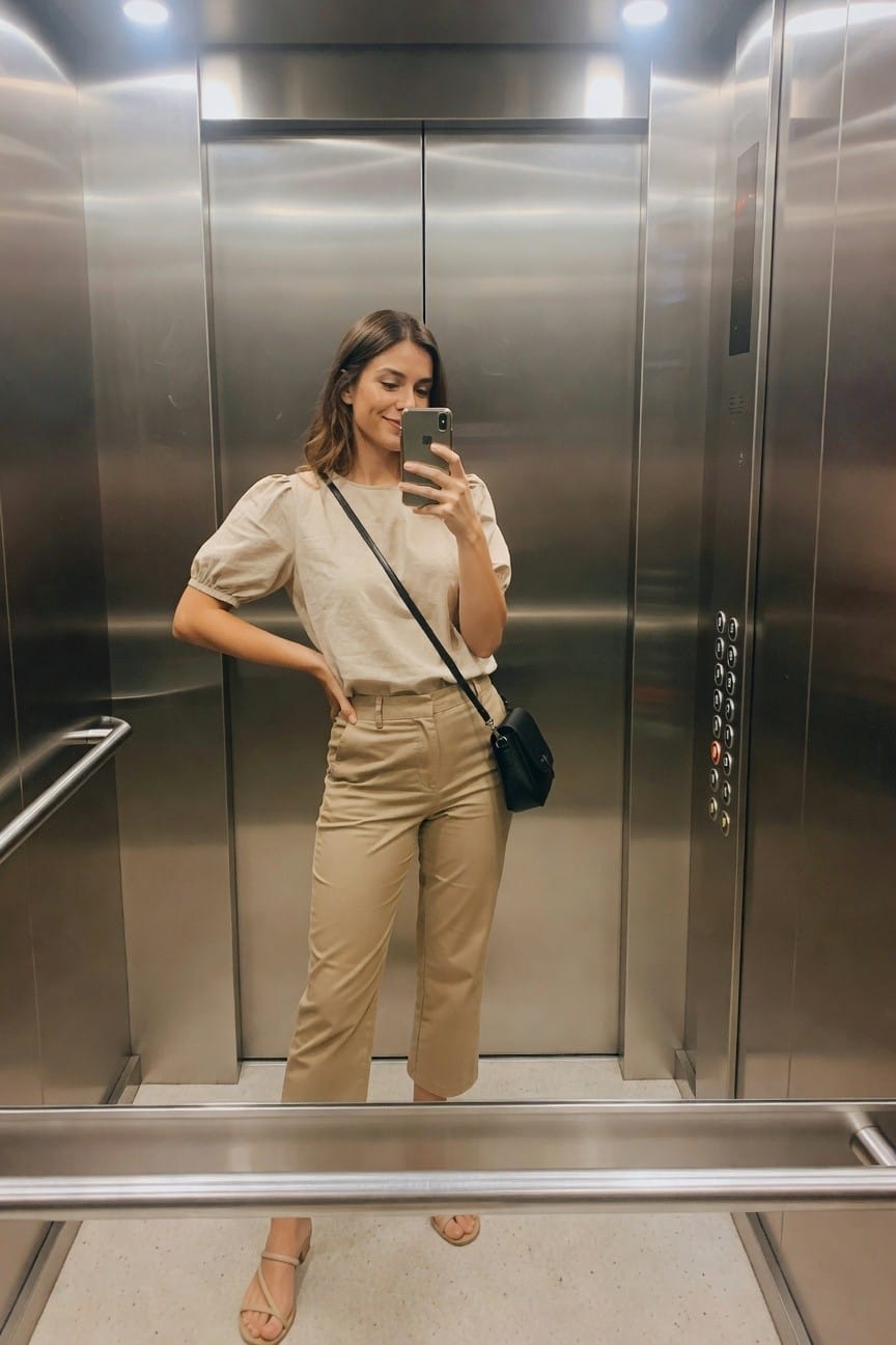 Woman in beige outfit taking mirror selfie in elevator.