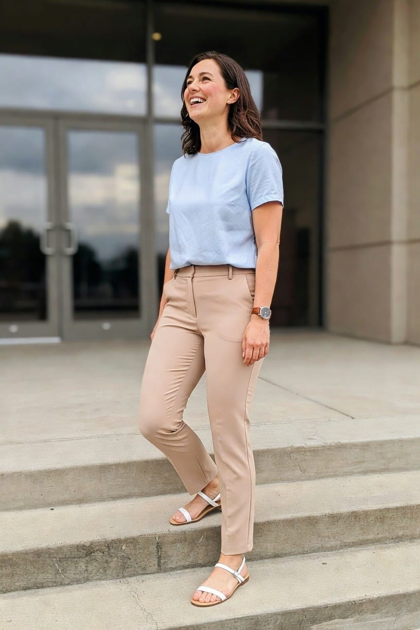 Woman wearing a light blue short sleeve top tucked into beige straight leg pants with white flat sandals and a brown watch, standing on concrete steps in front of glass doors.