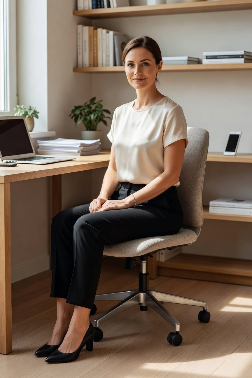 Woman in white blouse and black pants seated at office desk.