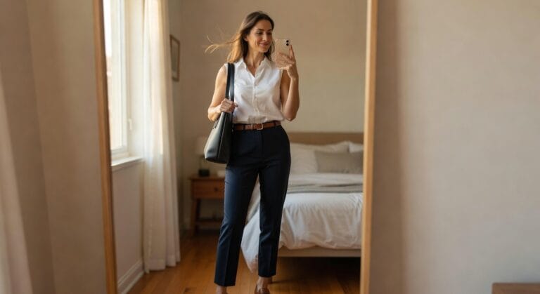 A woman stands in front of a mirror, wearing a white sleeveless blouse and navy pants, holding a black handbag, with a cozy bedroom in the background.