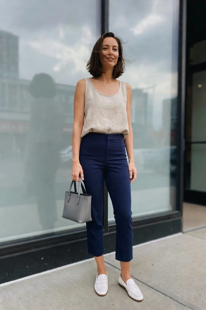 Woman in beige top and navy pants holding gray handbag, wearing white loafers.