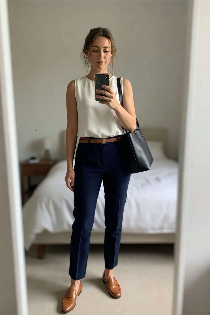 Woman in white sleeveless top and navy pants taking a mirror selfie.