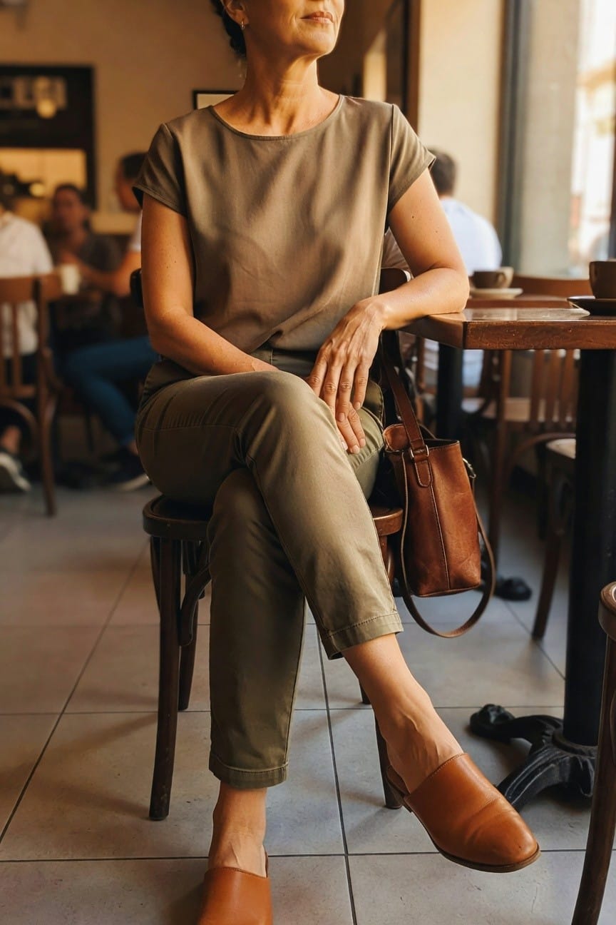 Woman in olive outfit with brown leather shoes and bag seated in cafe.