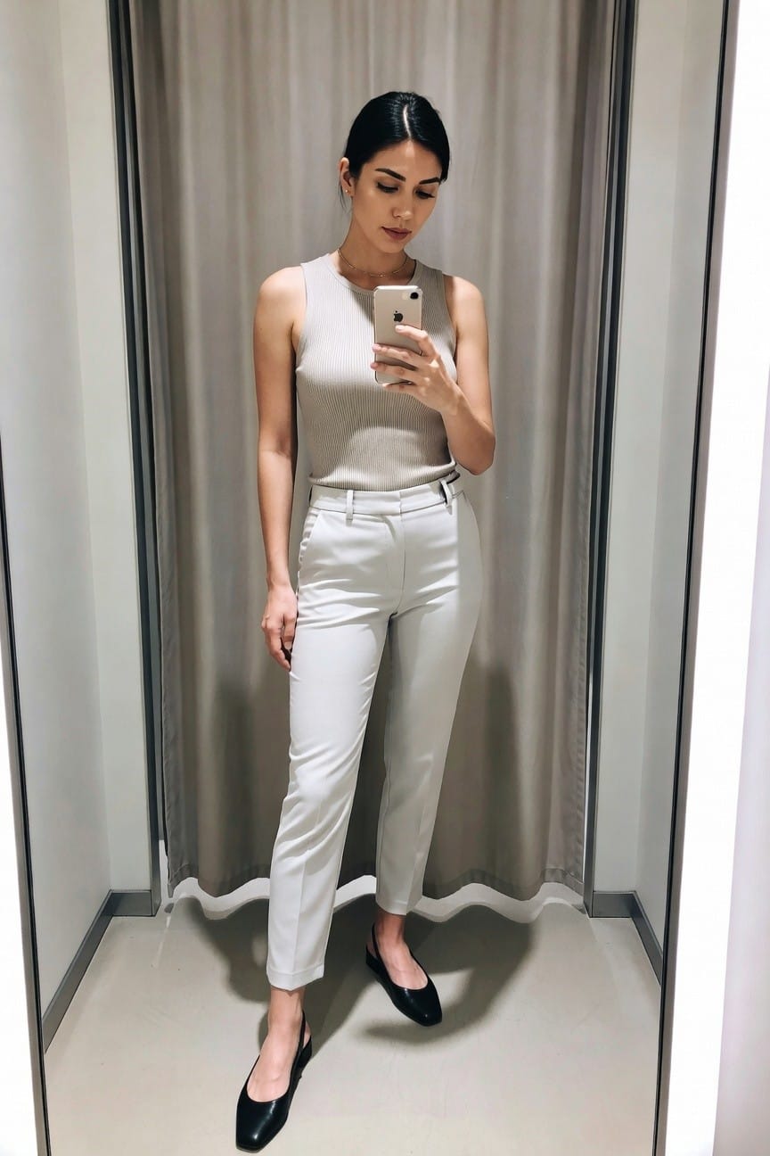 Woman in beige top and white pants taking mirror selfie with phone.