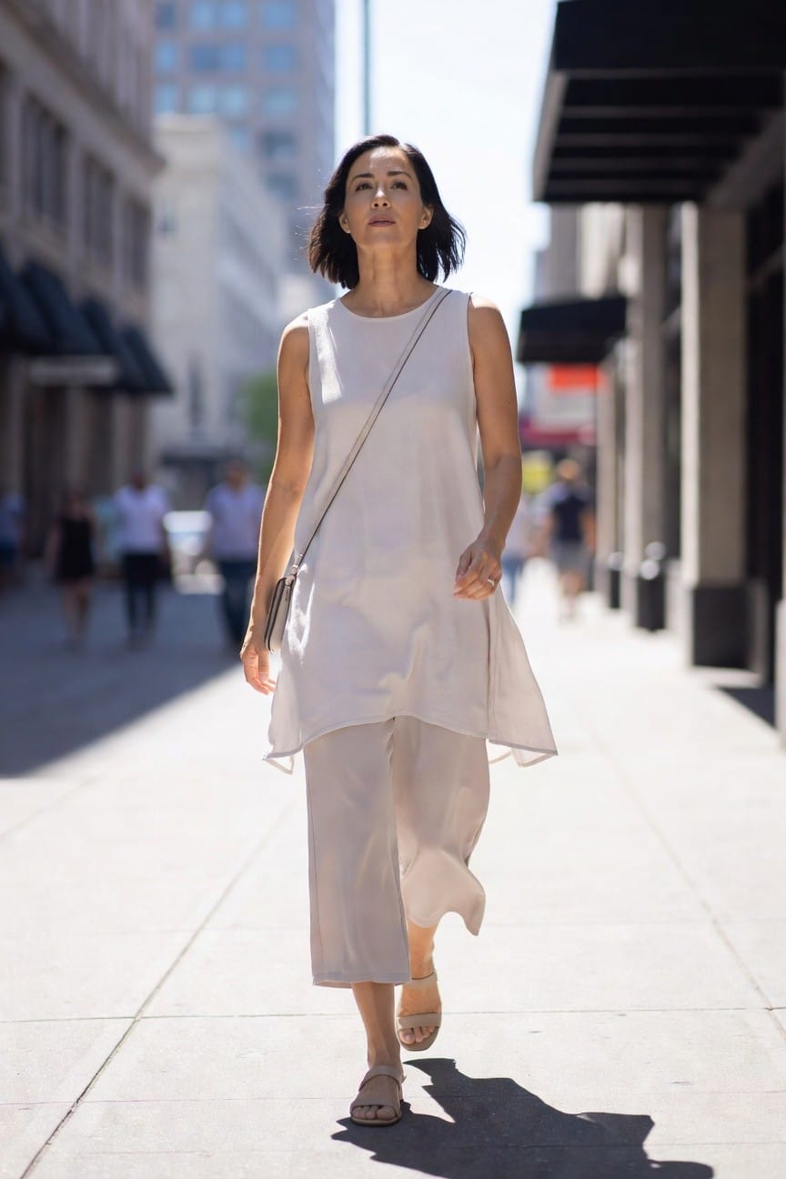 Woman in flowing white outfit walking on sunny city sidewalk.