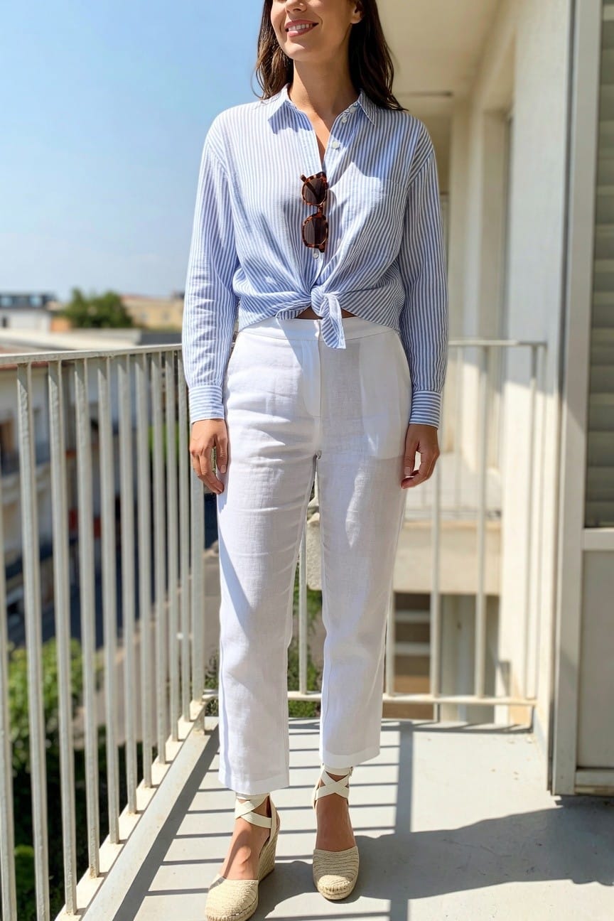 Woman wearing a blue and white striped button-up shirt tied at the waist with white linen pants and beige wedge espadrilles with ankle straps.