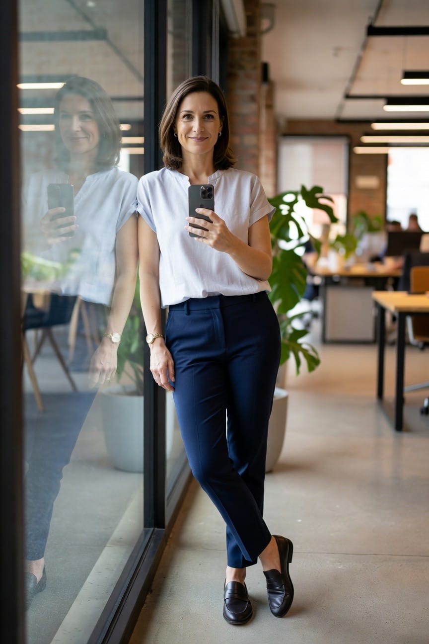 Woman in white top and navy pants holding smartphone by glass window.