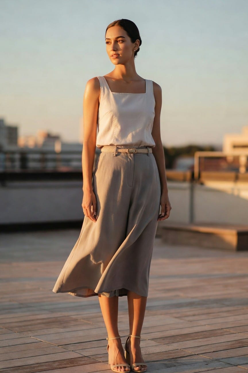 Woman in white top and beige midi skirt on wooden deck.