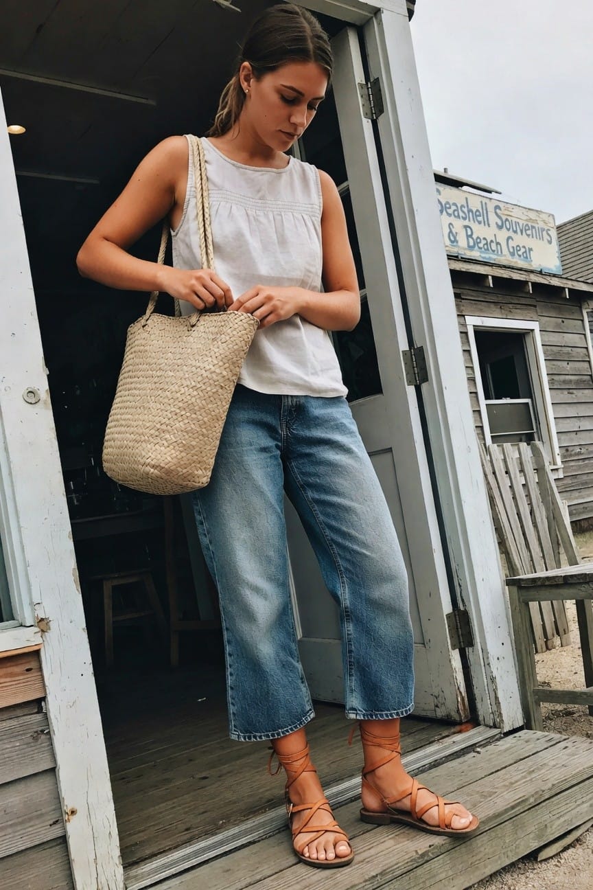 White Tank Top With Cropped Jeans