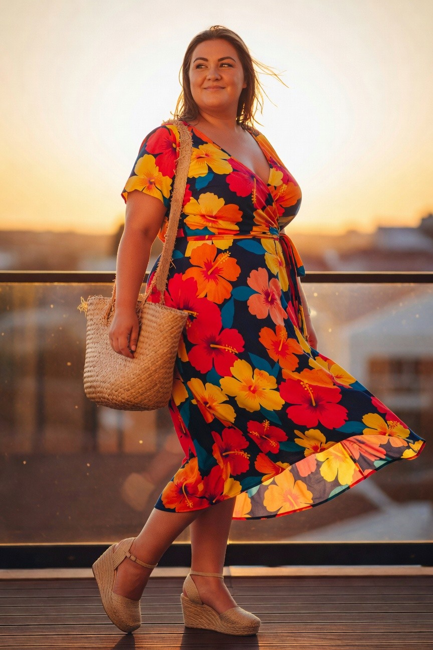 Woman in colorful floral dress with woven bag at sunset balcony.